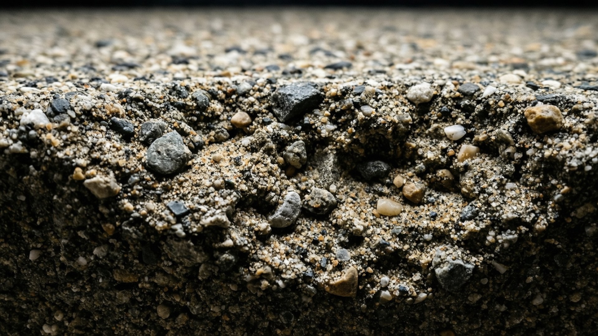 Macro de béton avec des cailloux exposés et une texture granuleuse.
