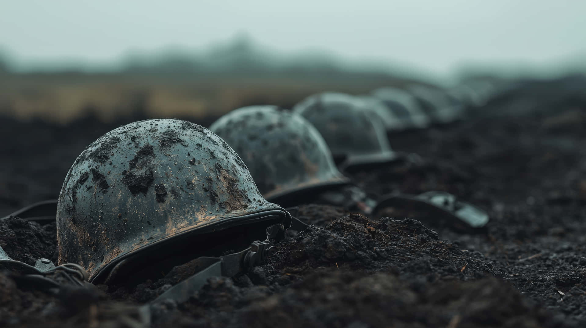 Row Of Abandoned Soldier Helmets In Muddy Battlefield Wallpaper