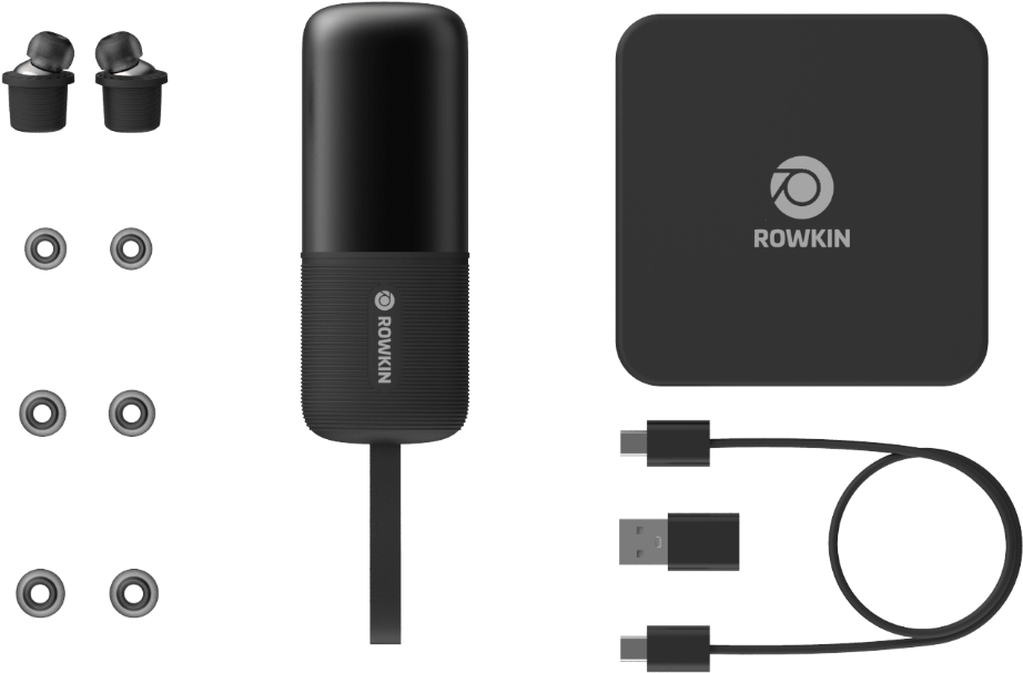 Rowkin Wireless Earbudsand Charging Accessories PNG