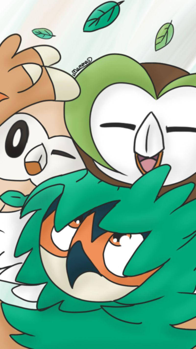 Rowlet Dartrix Decidueye Umarmung (in The Context Of Computer Or Mobile Wallpaper, This Would Be A Potential Suggestion For A Pokémon-themed Wallpaper Featuring The Three Mentioned Characters And The Word 