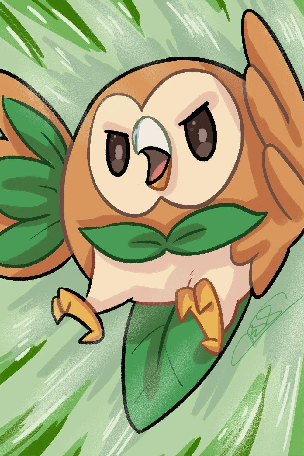 Rowlet Throwing Grass Attack Wallpaper