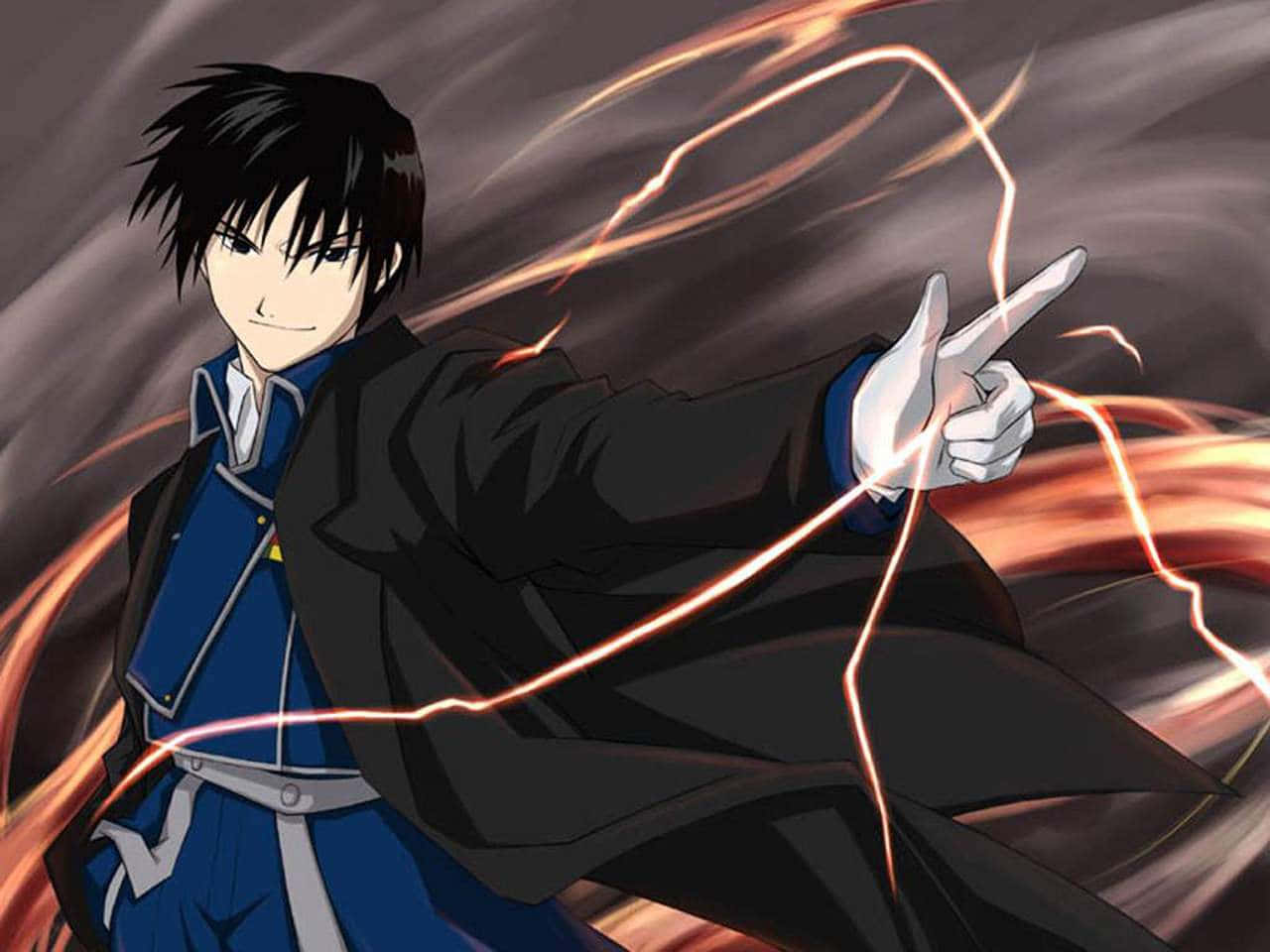 Intense Roy Mustang in action with flames and dramatic background Wallpaper