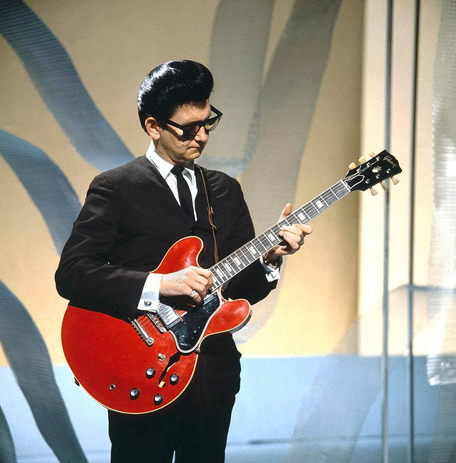 Royorbison Spielt Gitarre Auf Rotem Hintergrund-poster Wallpaper