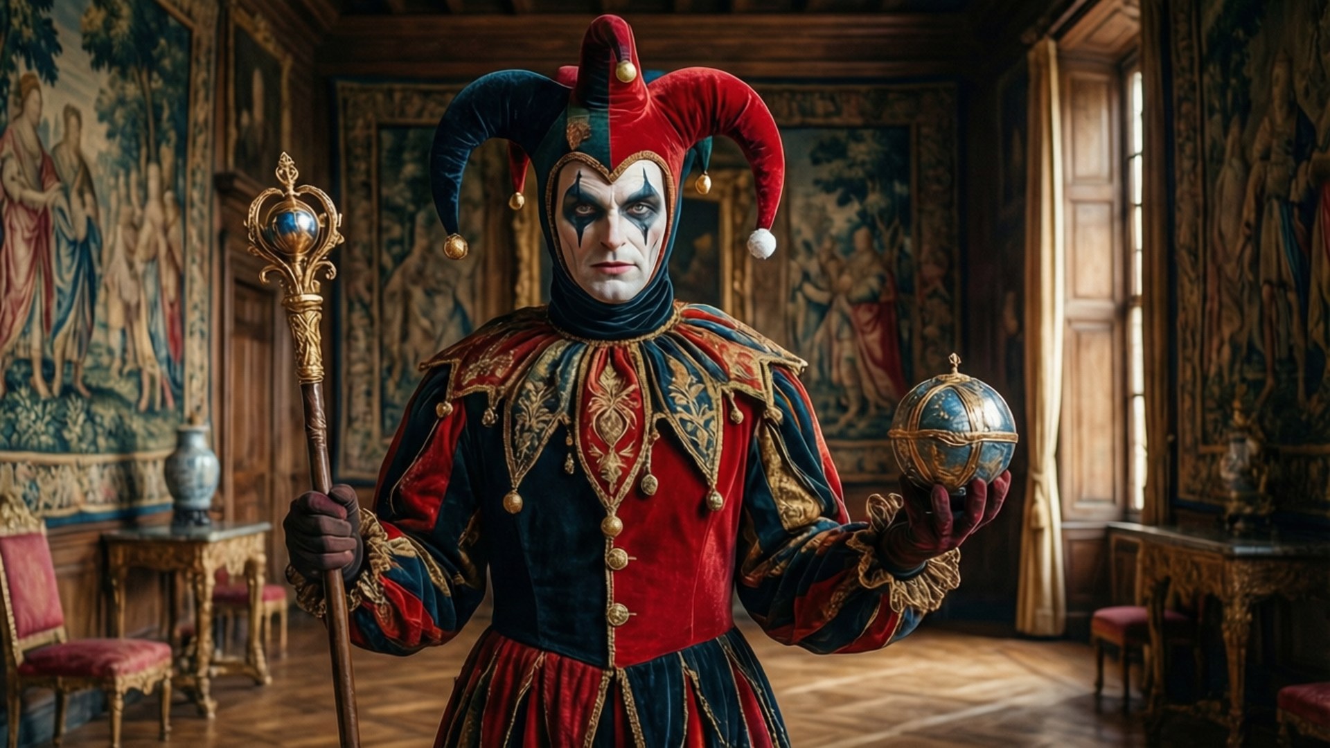 Un bouffon avec sceptre et orbe dans une salle royale.