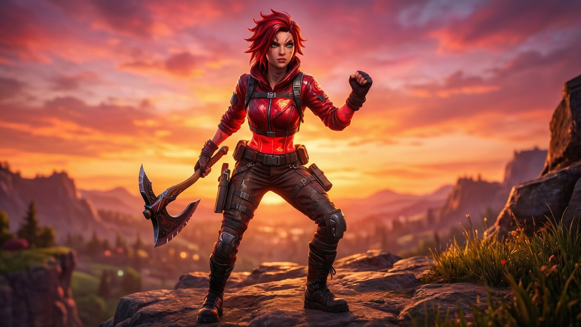 Ruby Fortnite-personage gesilhouetteerd tegen een prachtige zonsondergang, klaar voor de strijd.