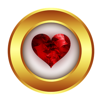 Ruby Heart Icon PNG — A faceted red gemstone heart gleams within a polished gold circular frame against a black background.