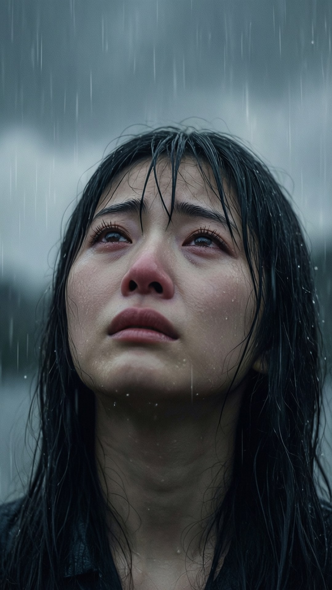 Ruby Hoshino i regnen med et trist udtryk, melankolsk iPhone-baggrund.