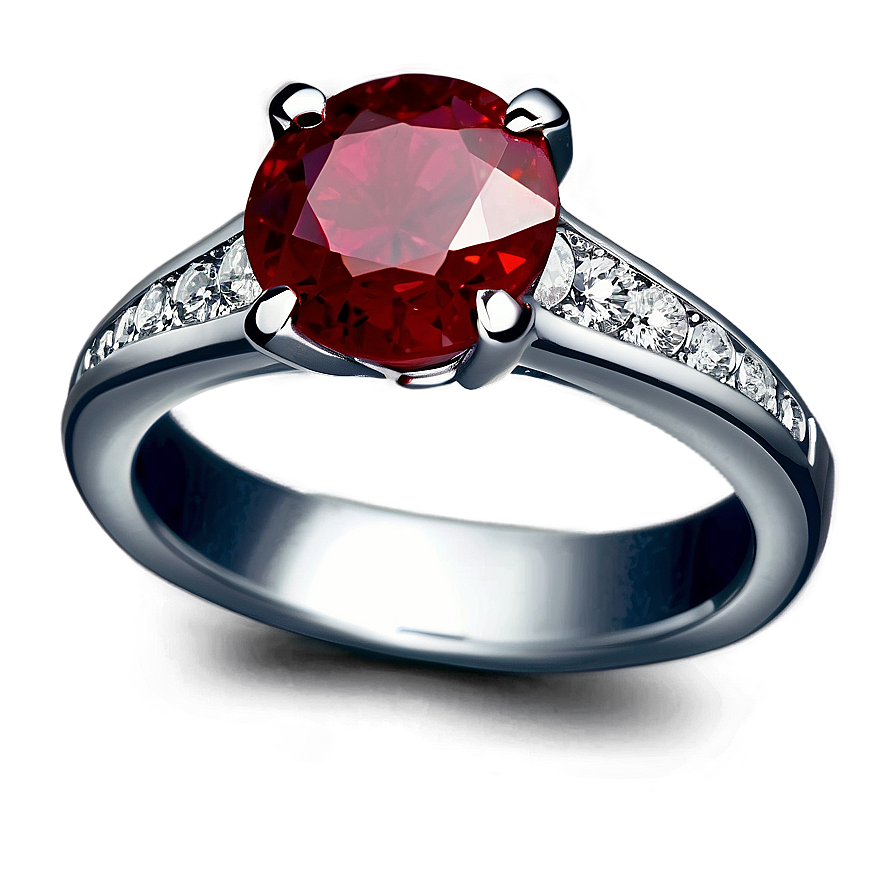Ruby Ring Setting PNG ipc54 PNG — A stunning silver ring featuring a large round red gemstone held by four prongs and adorned with smaller diamonds along the band.