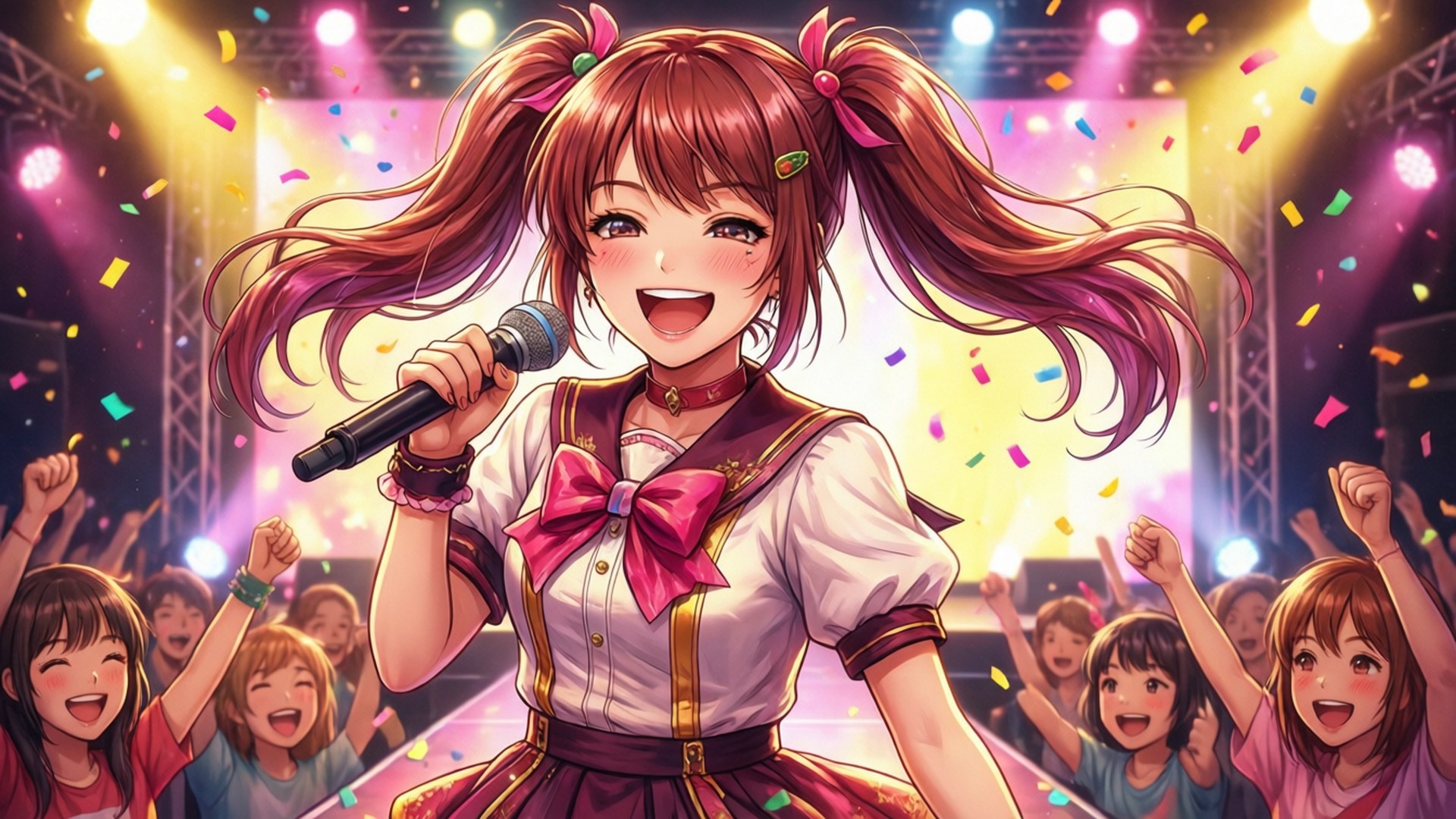Ruby Hoshino smilende på scenen med konfetti og fans.