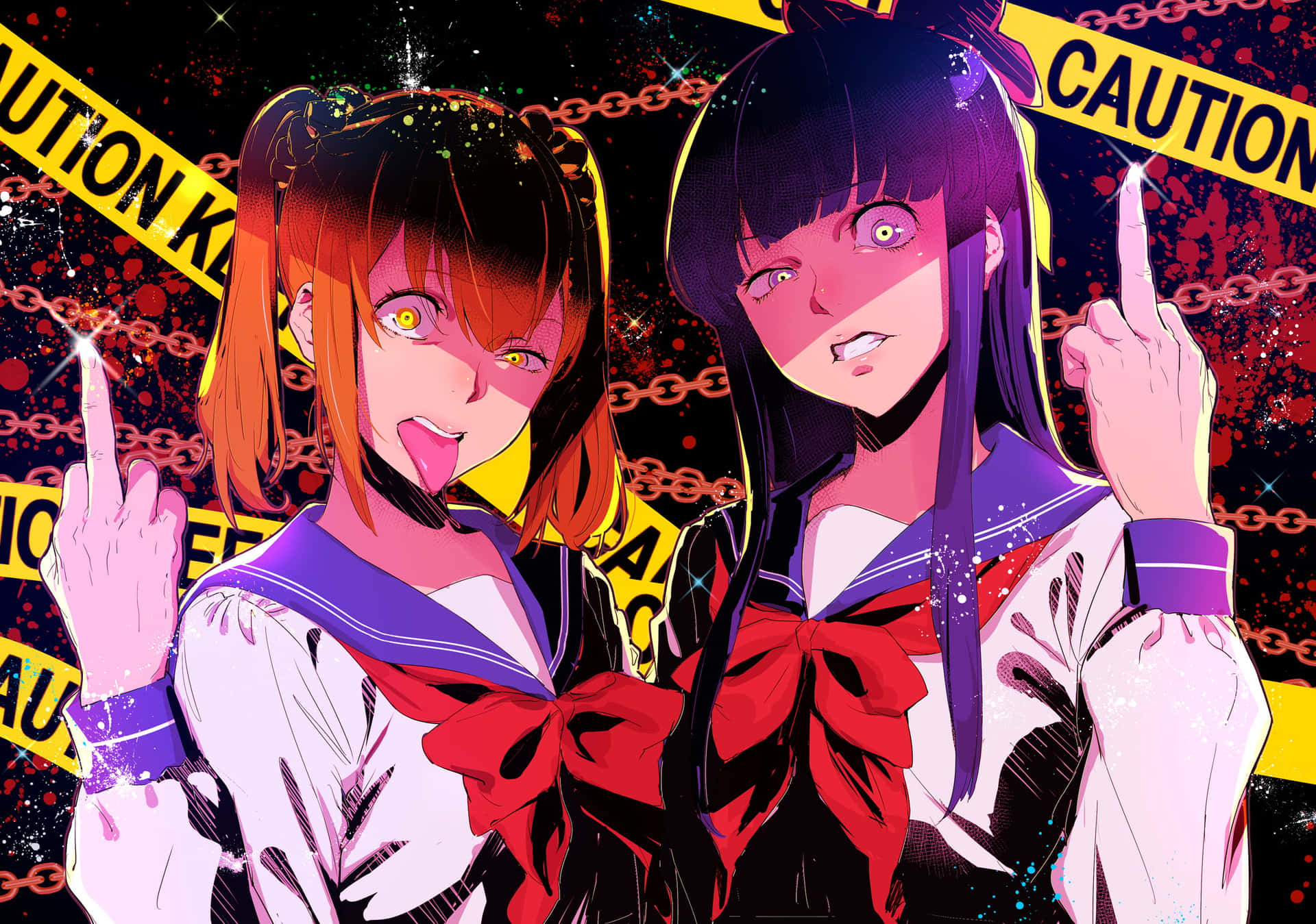 Two Anime Girls Standing In Front Of Caution Tape Wallpaper
