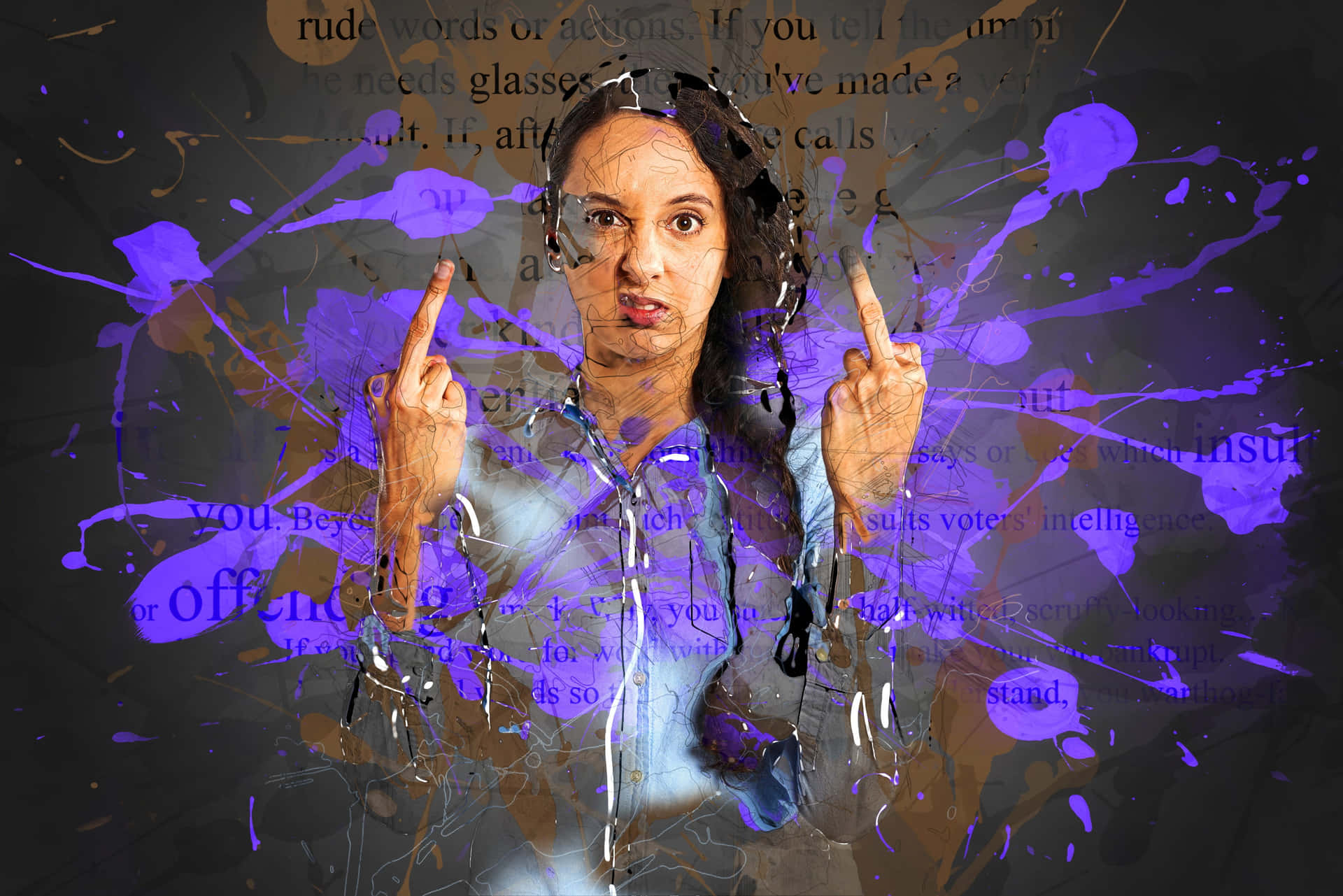 A Woman With A Purple Hand Pointing At Something Wallpaper