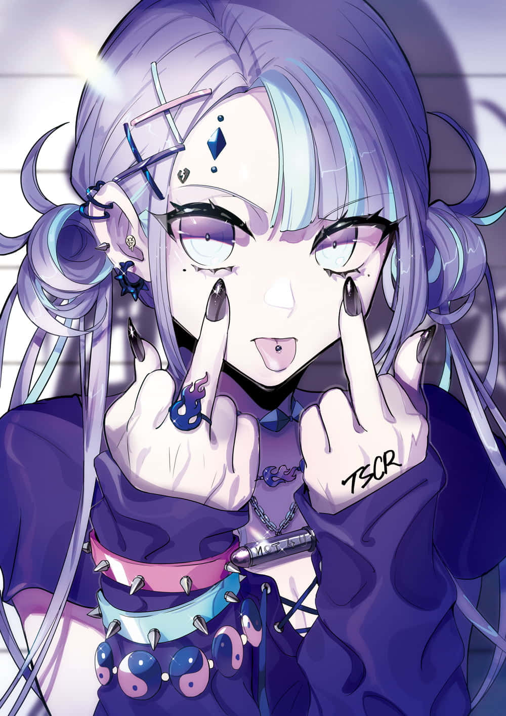 A Girl With Purple Hair And A Finger Up Wallpaper