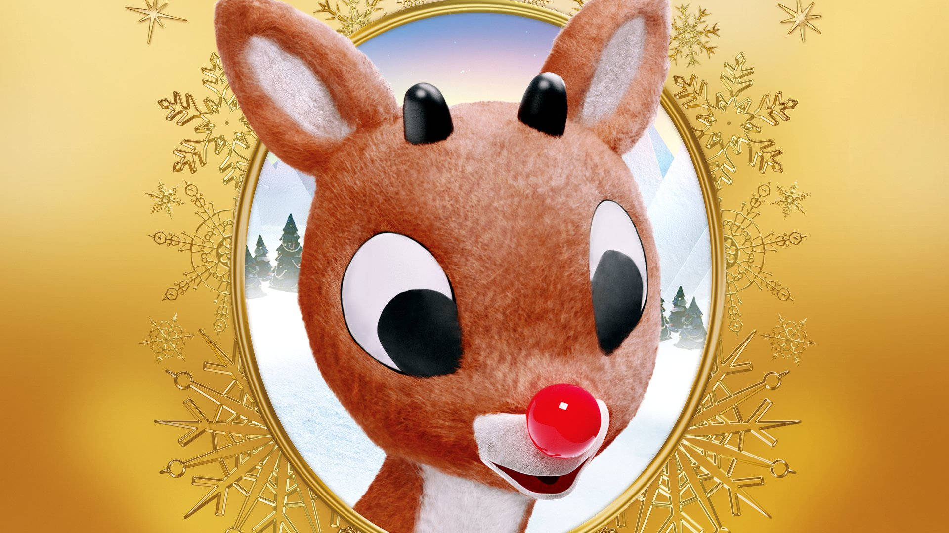 Rudolph den røde næserende skinner over et vinterbjerglandskab. Wallpaper