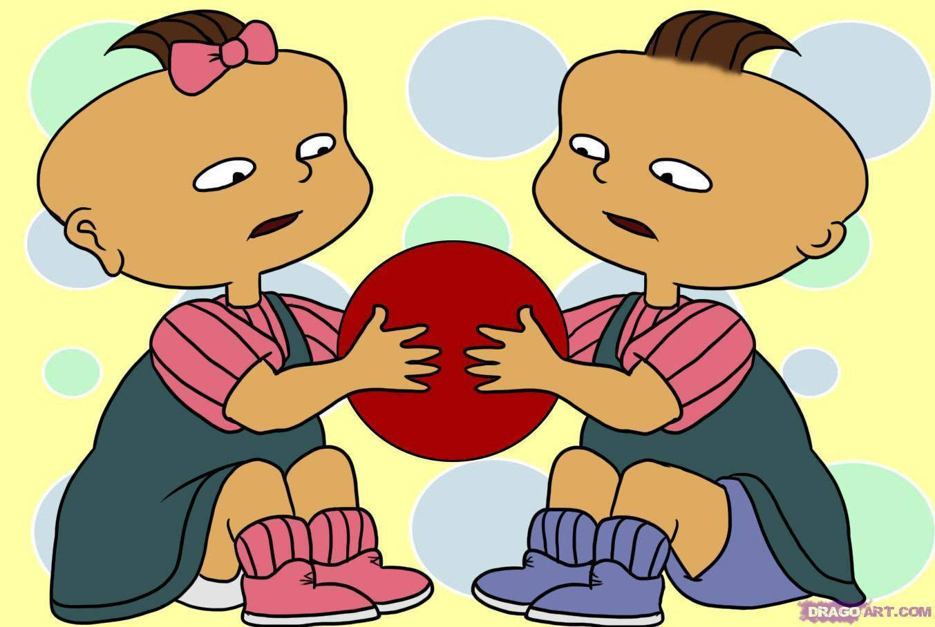 Two Cartoon Babies Playing With A Red Ball Wallpaper