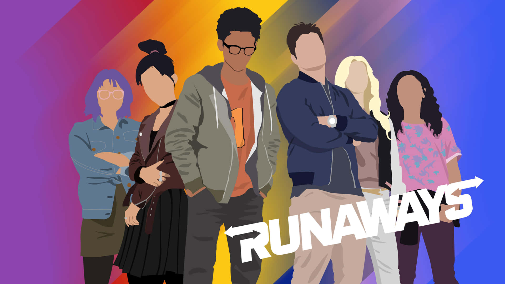 A dynamic group photo of the Runaways team against a dark background Wallpaper