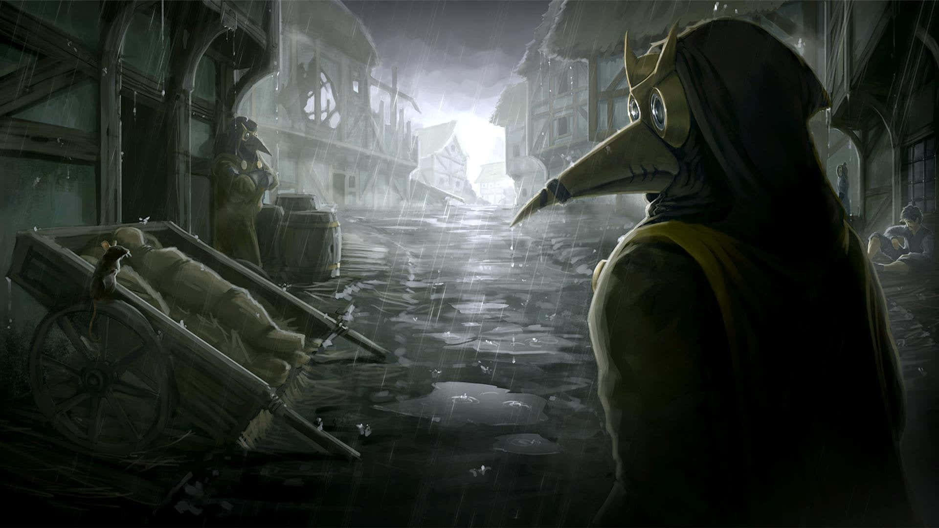 A Man In A Mask Is Standing In A Rainy Street