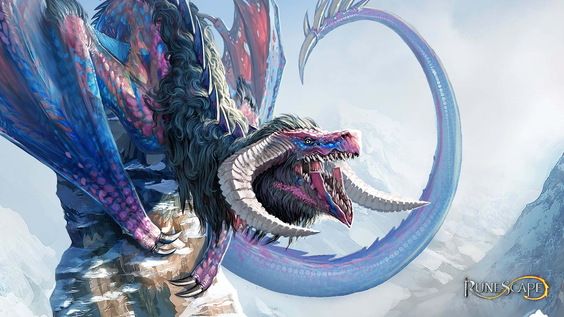 a dragon with a blue and purple body is standing on top of a mountain