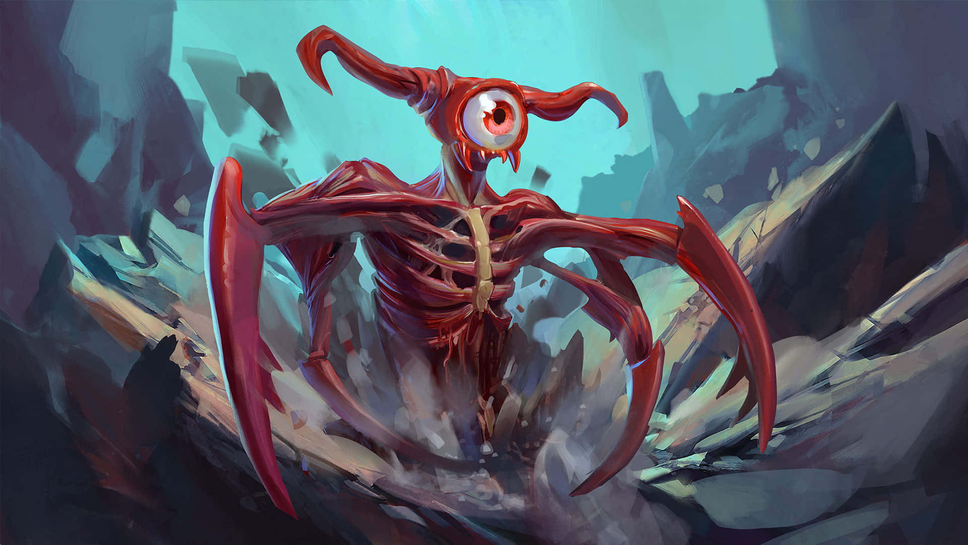 a red creature with a red eye in the middle of a rocky area