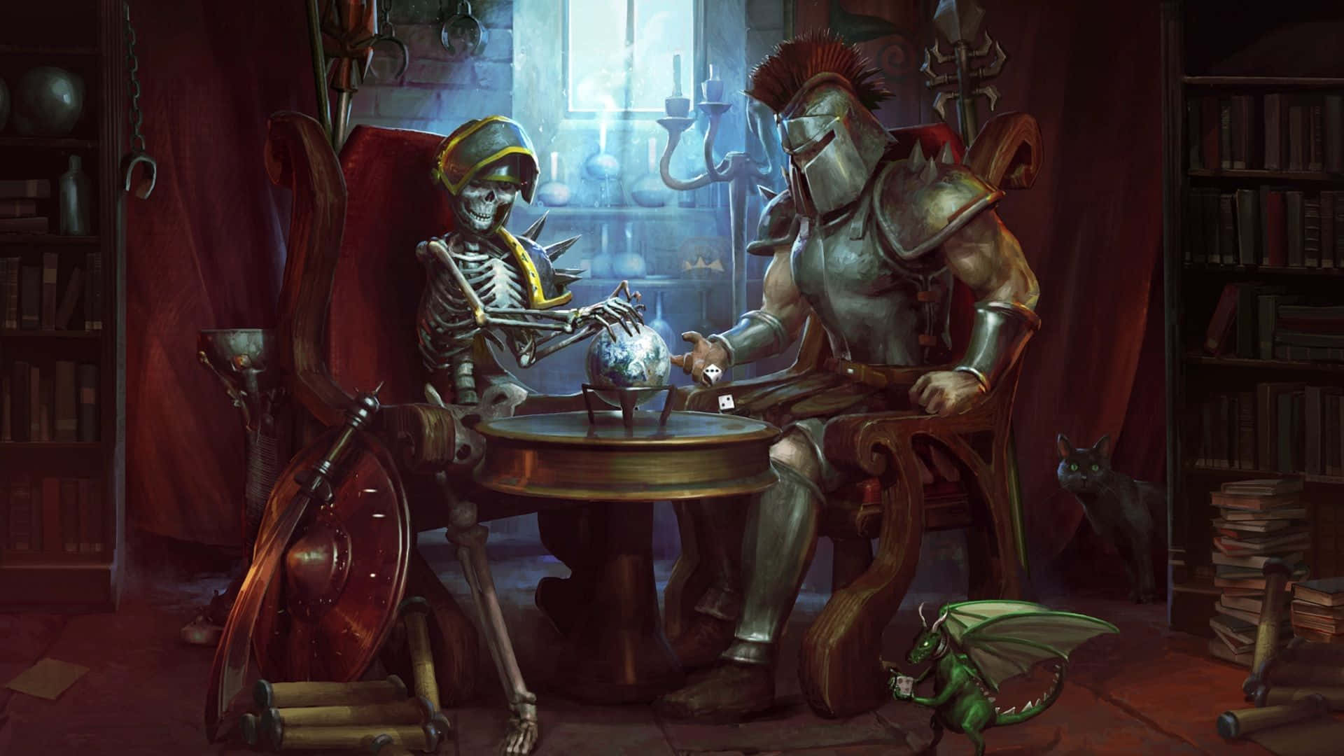 a man and woman sitting at a table with skeletons