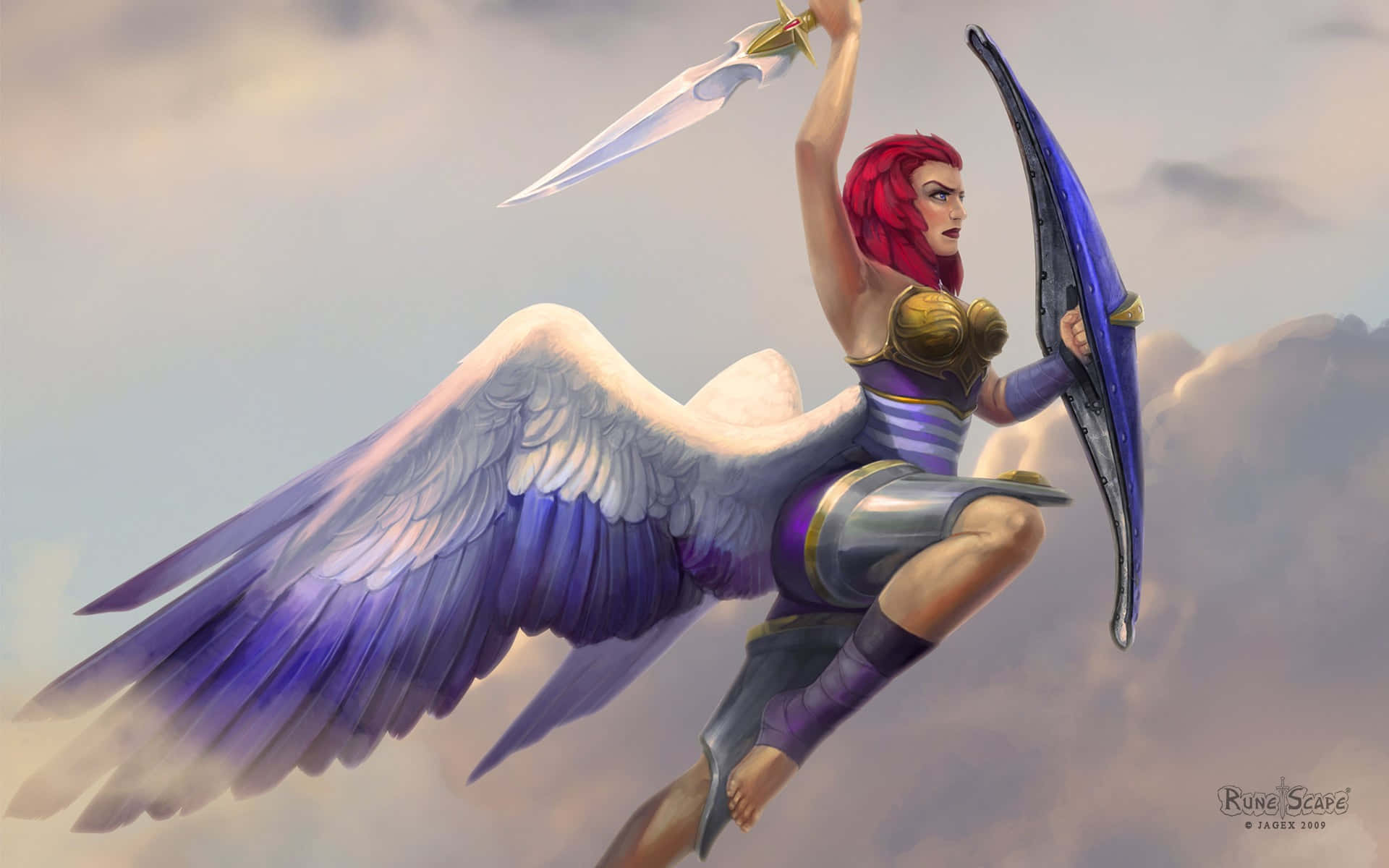 a woman with wings and a sword flying in the air