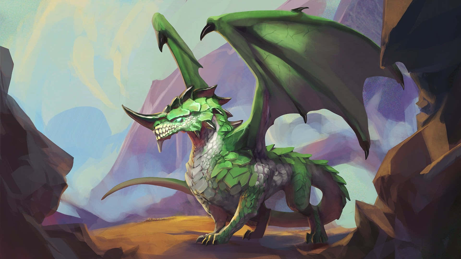a green dragon standing in a rocky area