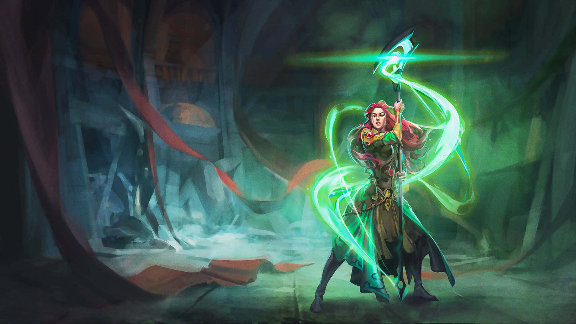 A Woman With Green Hair And A Sword In A Dark Room