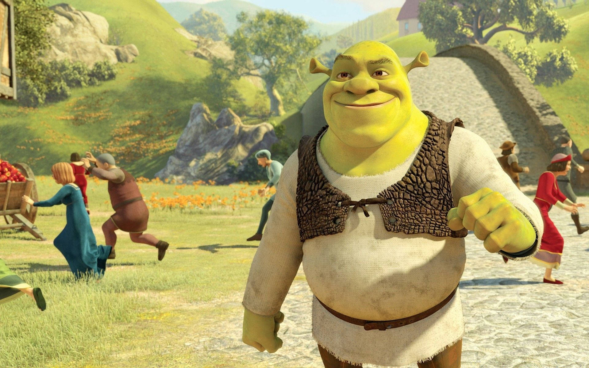 Running People Behind Smiling Shrek PC Wallpaper