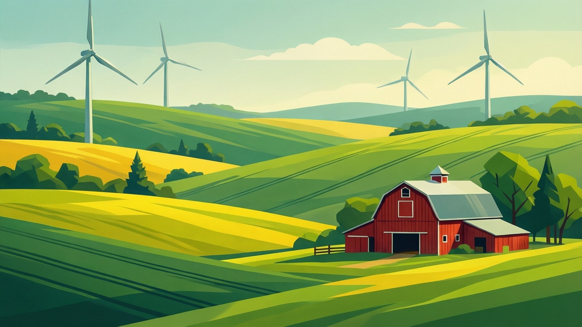 Rural Fields Poly Taustakuvat — Punainen navetta sijaitsee elinvoimaisella vihreällä pellolla, tuuliturbiinien pilkuttaessa kumpuilevia kukkuloita pehmeän sinisen taivaan alla.