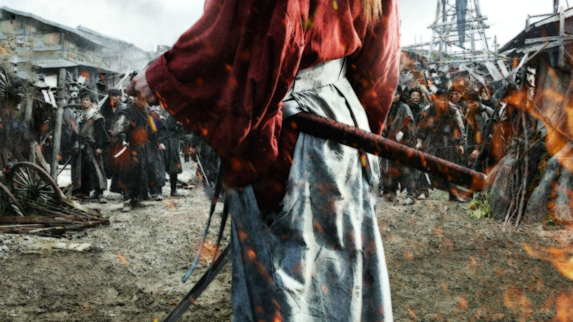 Wallpaper: Tapet med Rurouni Kenshin mens de står over for fjender. Wallpaper