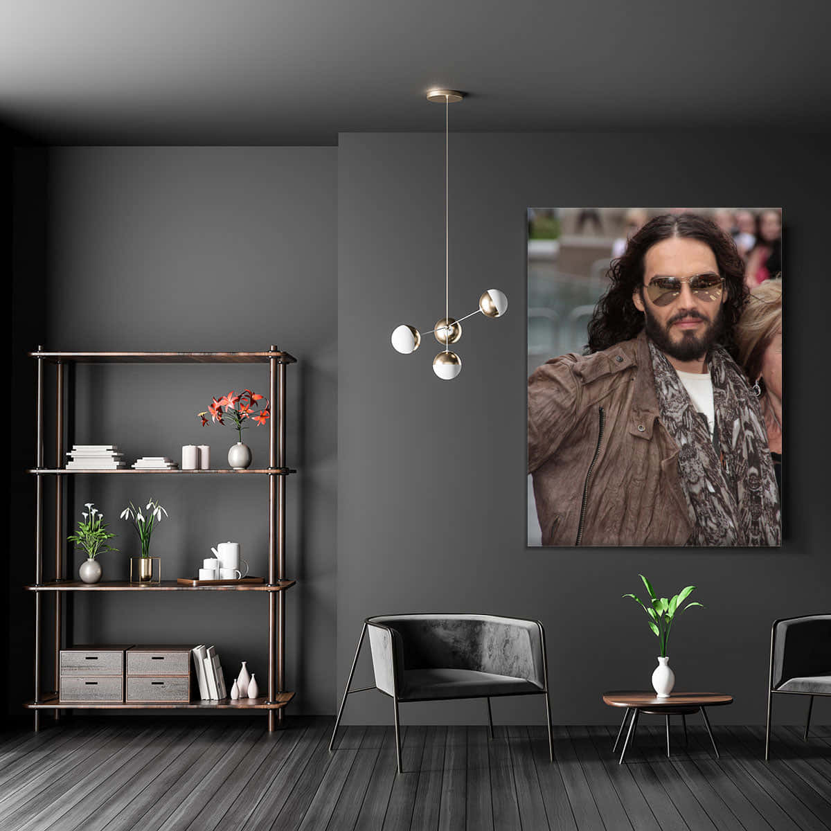 A captivating portrait of Russell Brand in a contemplative mood. Wallpaper
