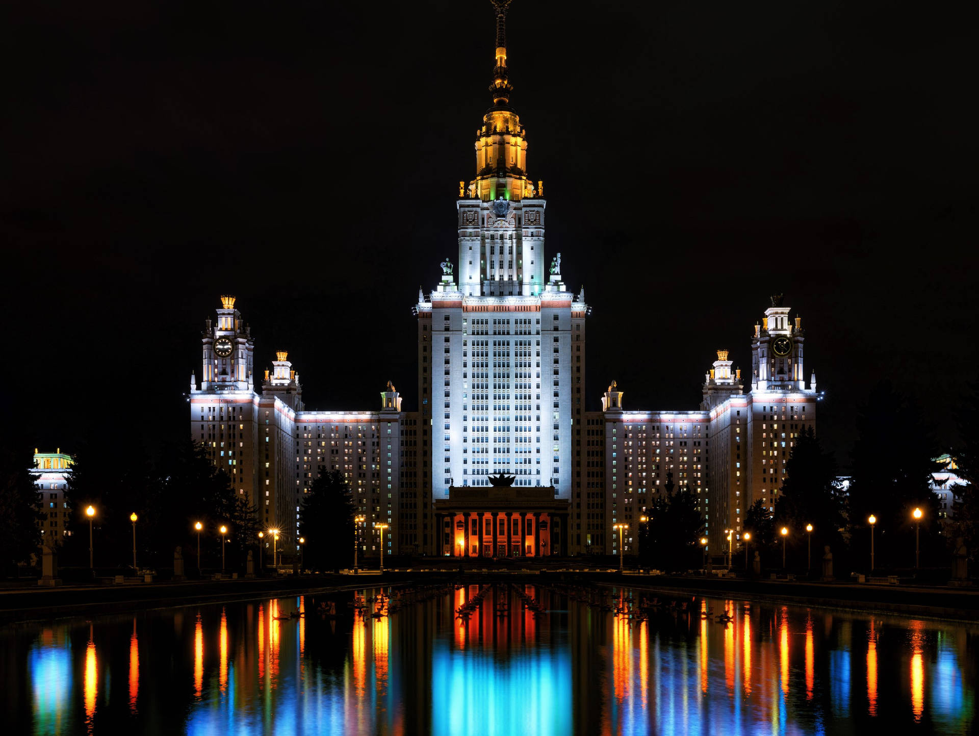 Prestigious Moscow State University Under the Clear Blue Sky Wallpaper
