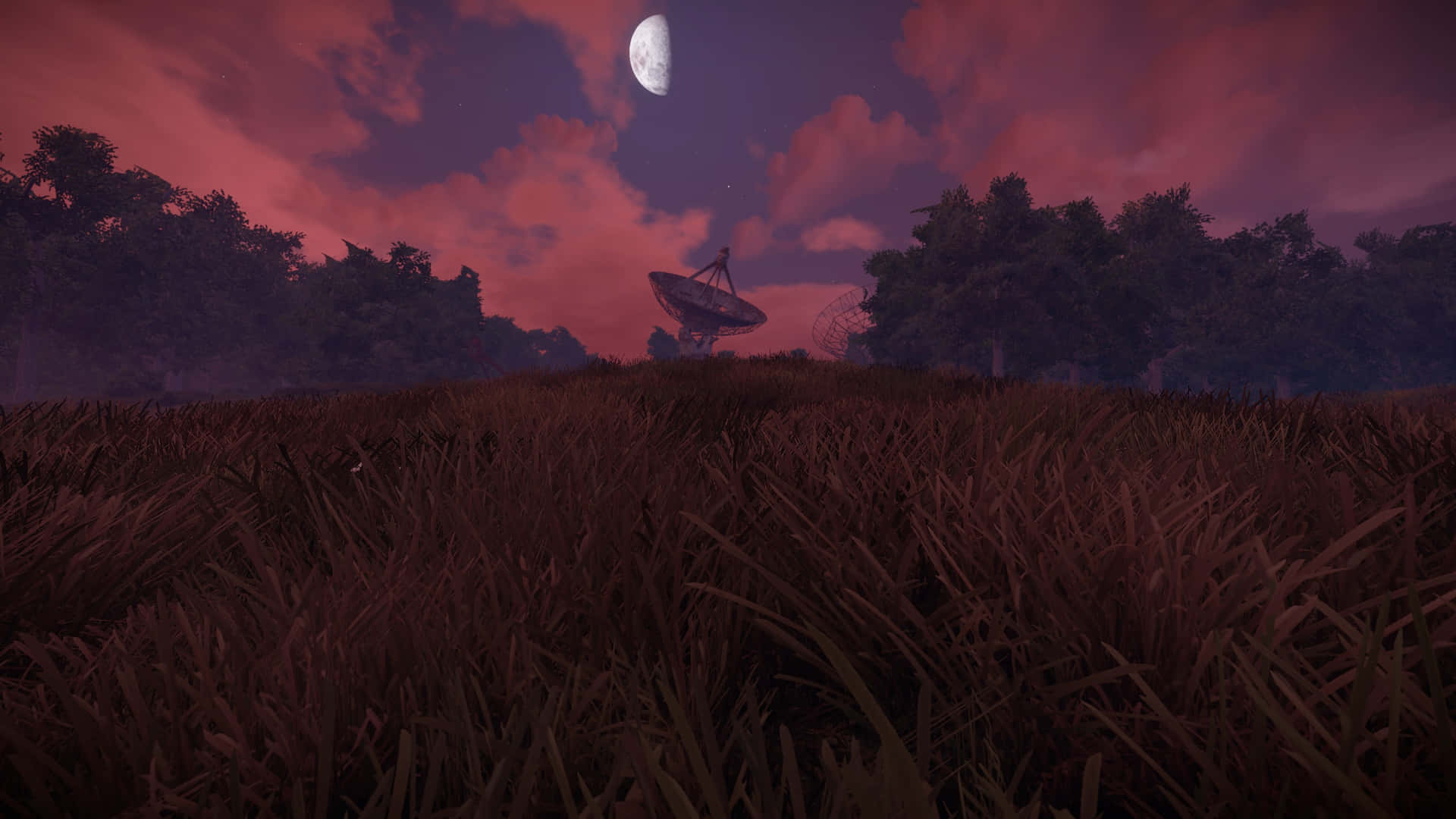 A Red Sky With A Moon In The Background