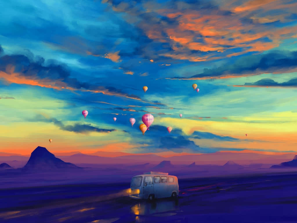 A Painting Of A Van With Balloons In The Sky Wallpaper