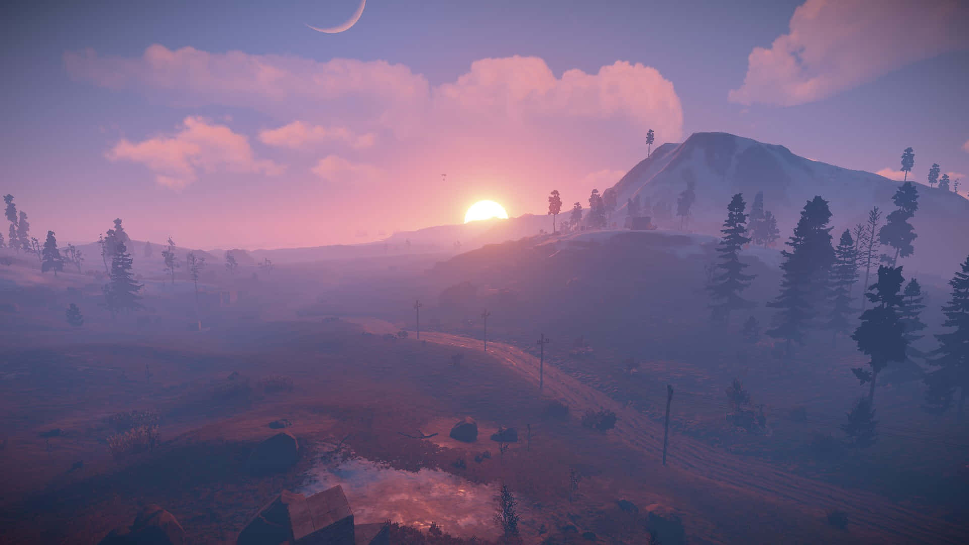 A Screenshot Of A Mountain With Trees And A Sun Setting Wallpaper