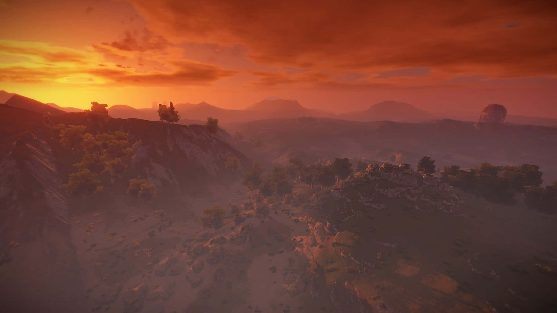 Et screenshot af et bjergscene med en solnedgang Wallpaper