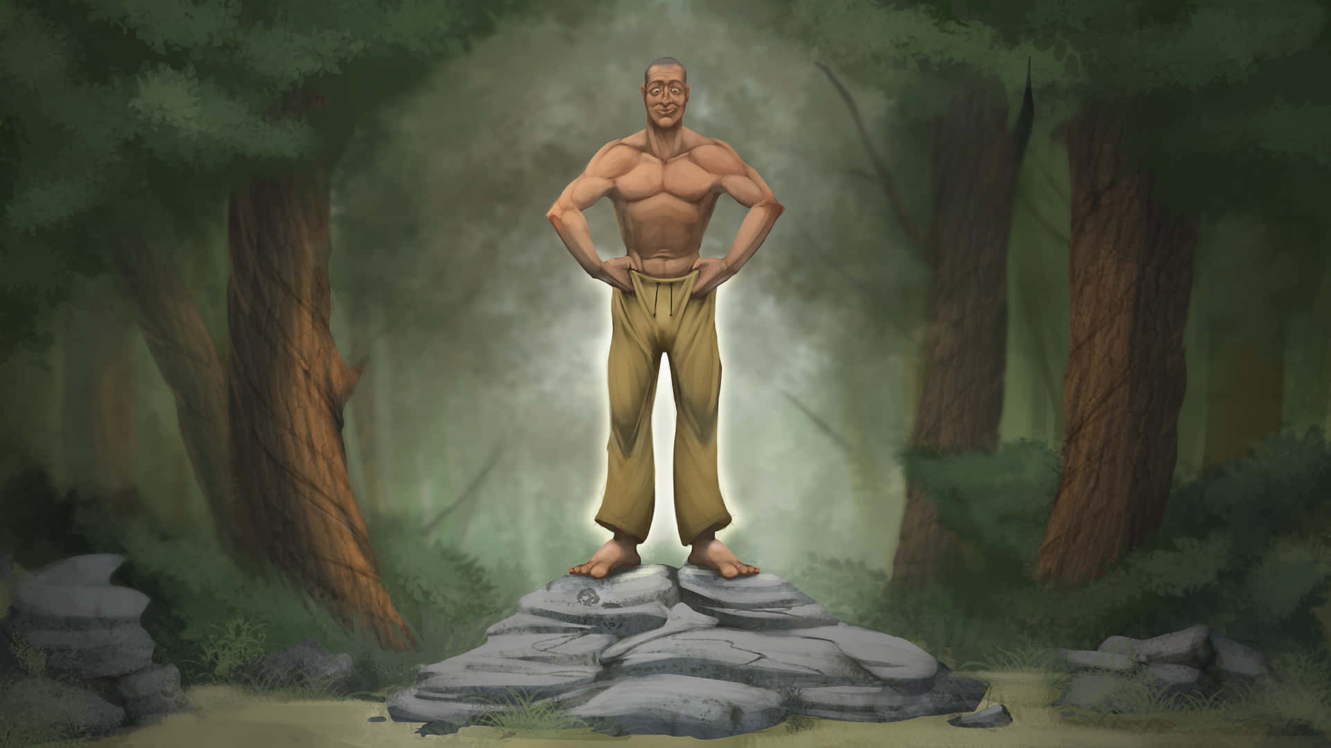 En mand står på toppen af ​​en klippe i skoven. Wallpaper