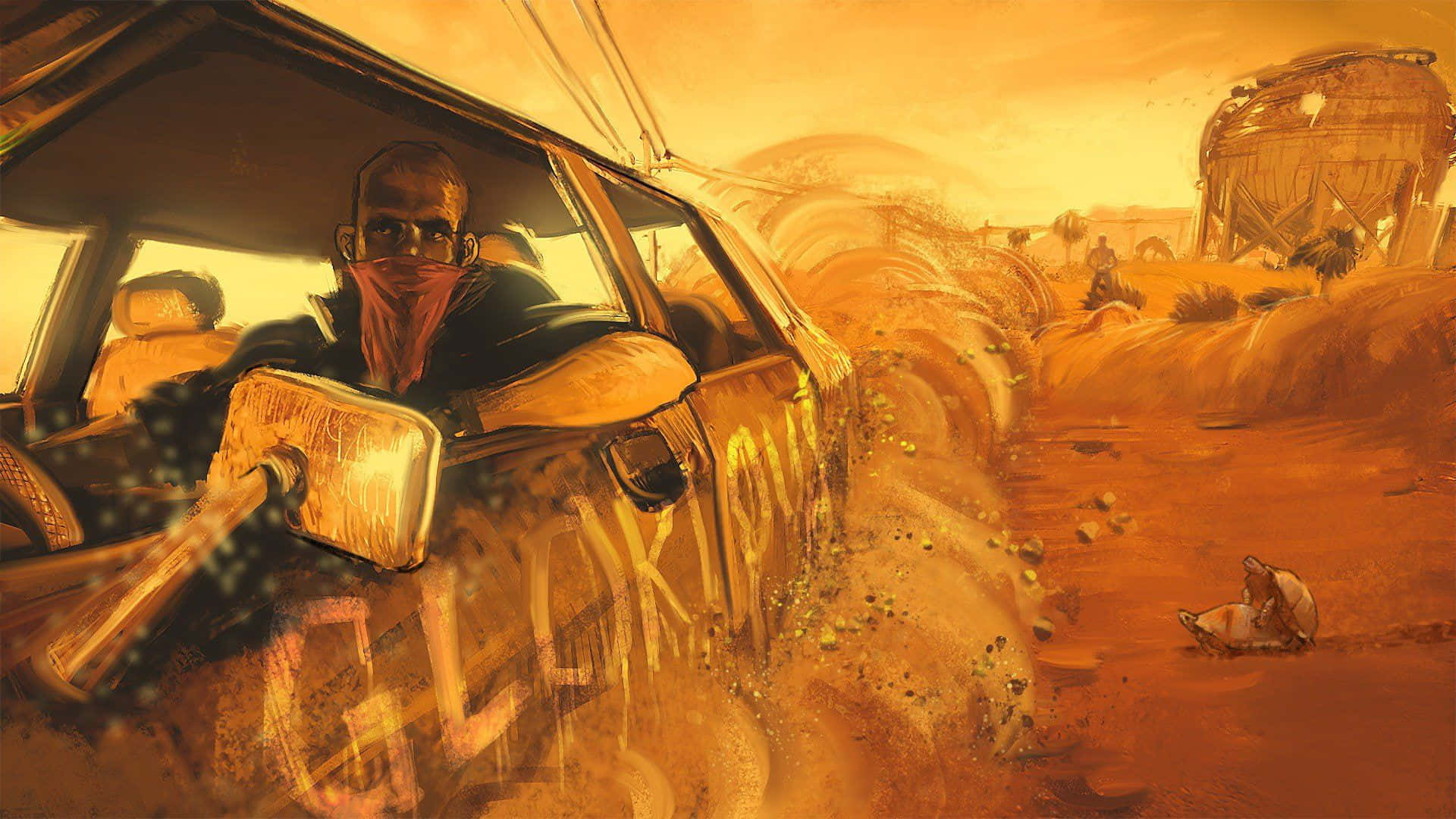 A Man Driving A Car In The Desert Wallpaper