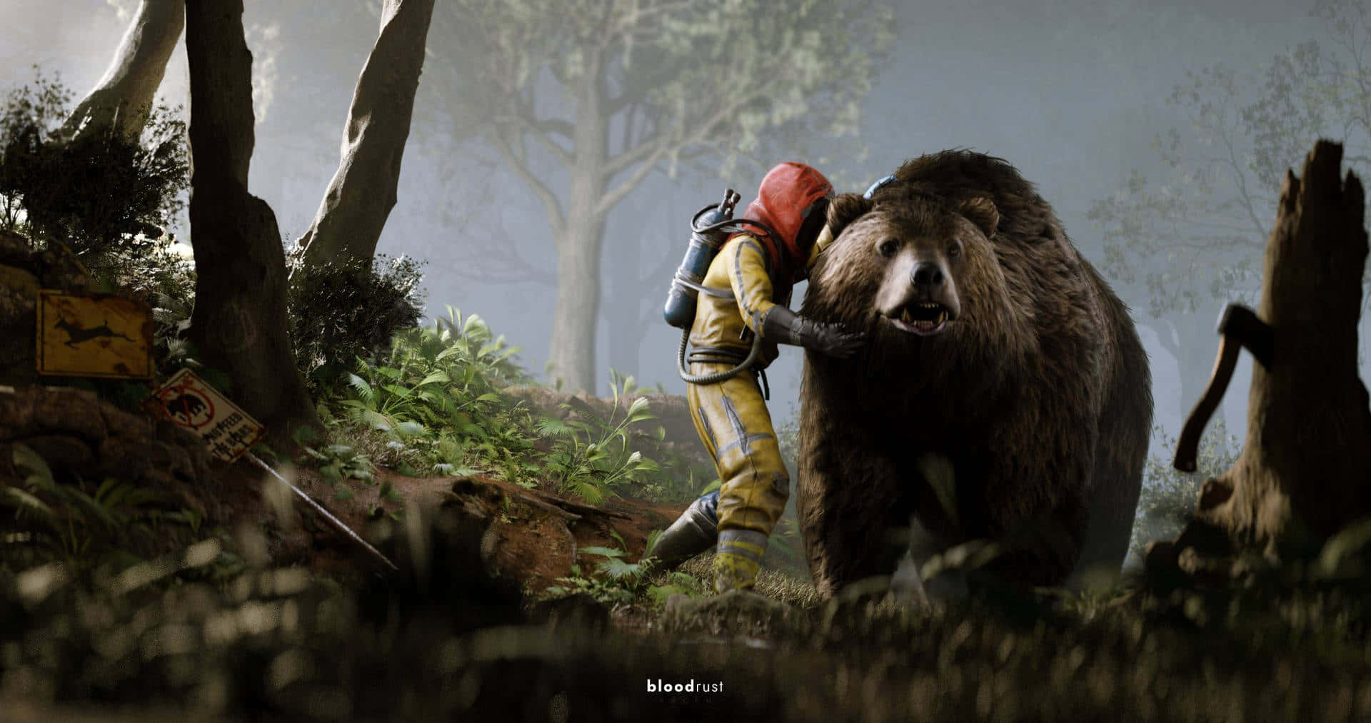 Umhomem Está Abraçando Um Urso Na Floresta. Papel de Parede
