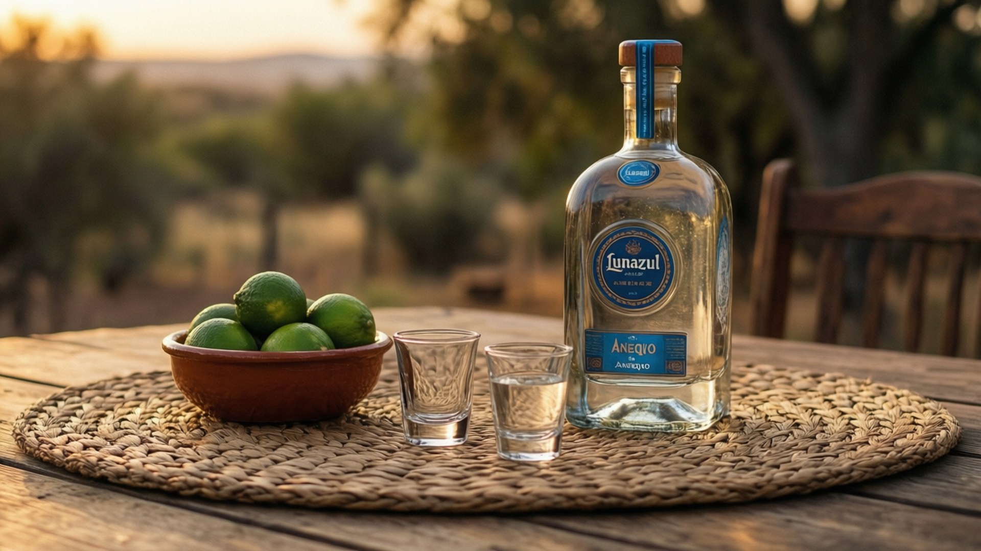 Lunazul Anejo med glass og lime på et rustikt bord, golden hour-lys.