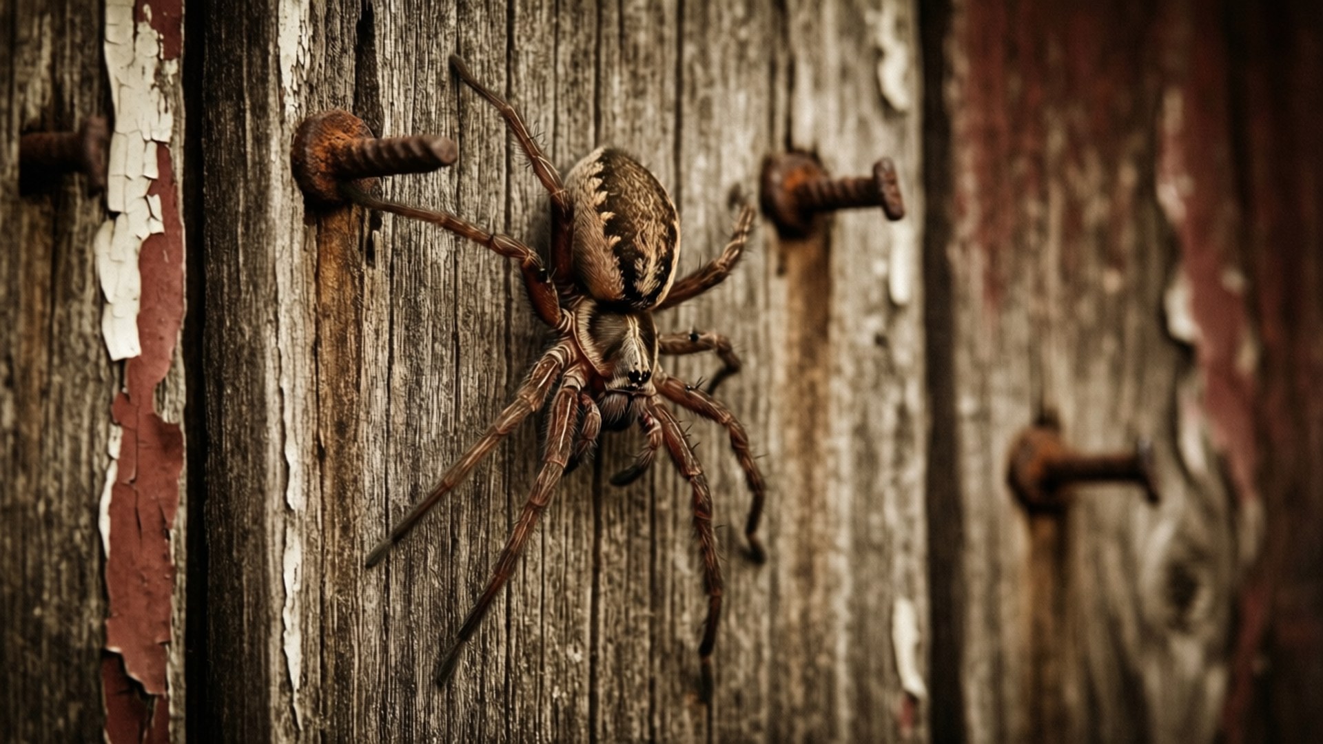 Harvestman spider on weathered barn wood with sepia tones, vintage mood.