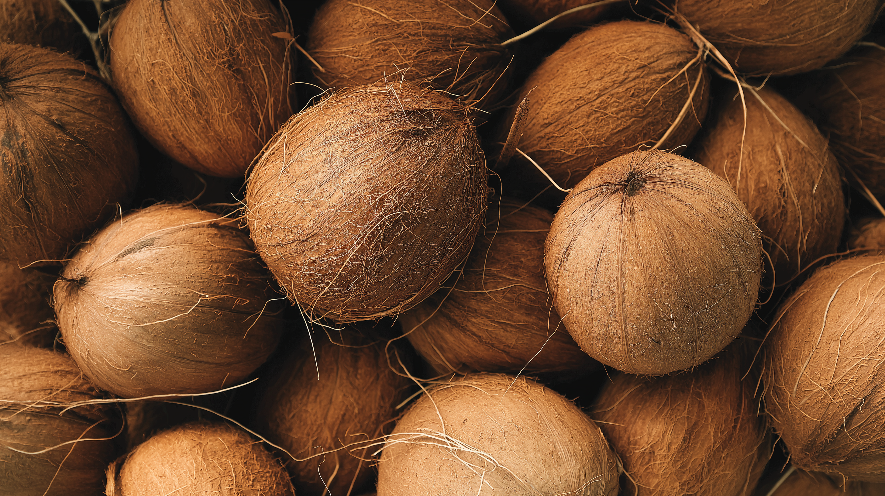 Rustic Brown Coconuts Background PNG — A close-up of numerous brown coconuts with fibrous husks piled together in warm natural light.