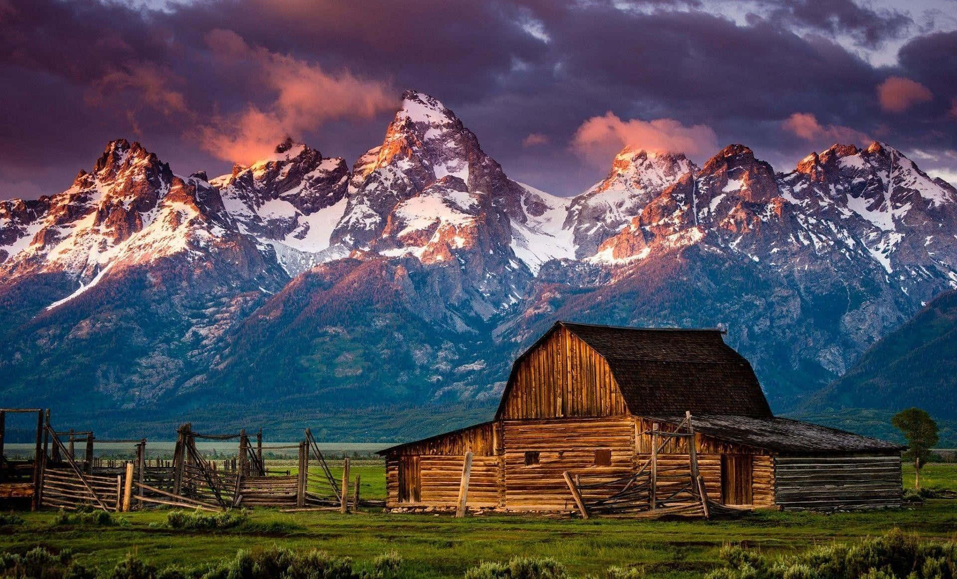 Rustic Cabin Mountain Sunset Wallpaper