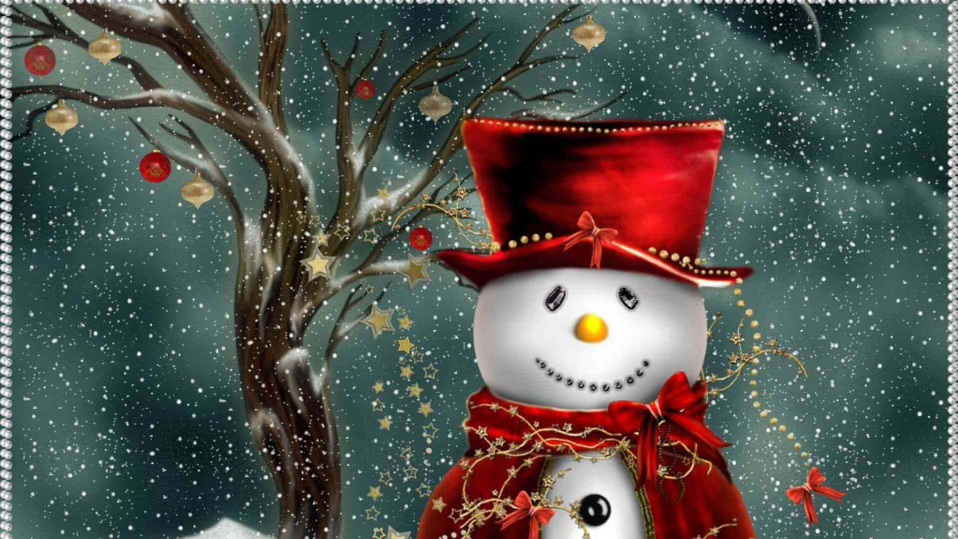 A Snowman With A Red Hat And Red Scarf