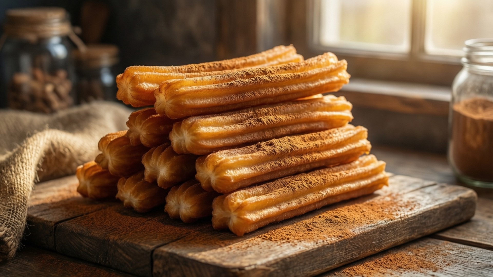 Warm golden churros piled on wood with cinnamon dust, rustic wallpaper.