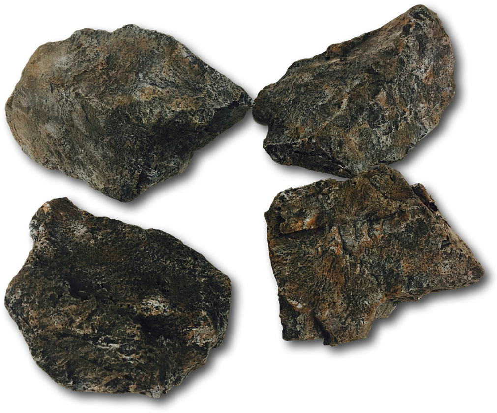 Rustic Cobblestone Texture PNG — Four rough textured rocks with earthy tones isolated against a stark black background.