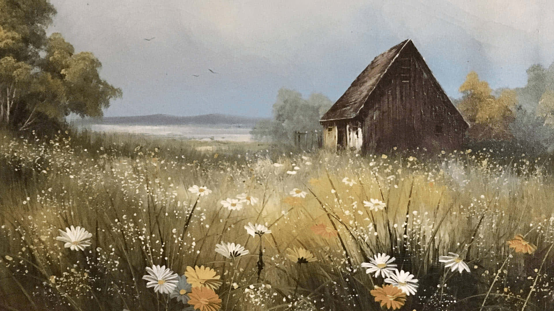 Rustic Cottage Meadow Painting Wallpaper