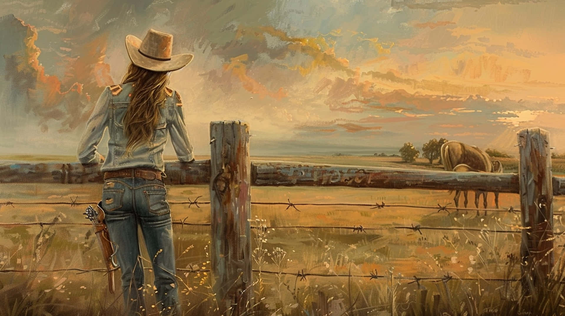 Rustic Cowgirl Sunset View Wallpaper