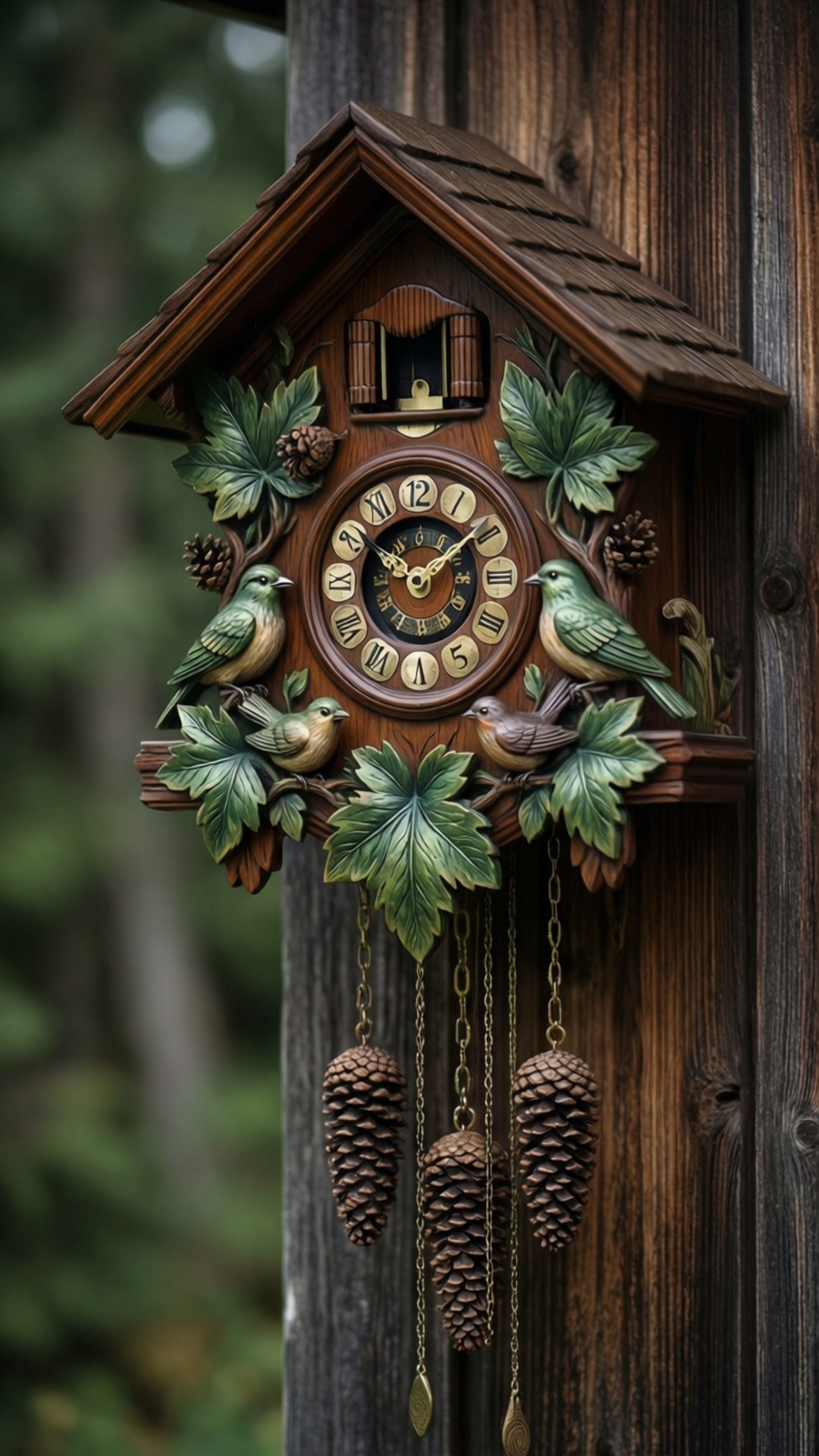 Traditional cuckoo clock on a wooden wall with forest green accents