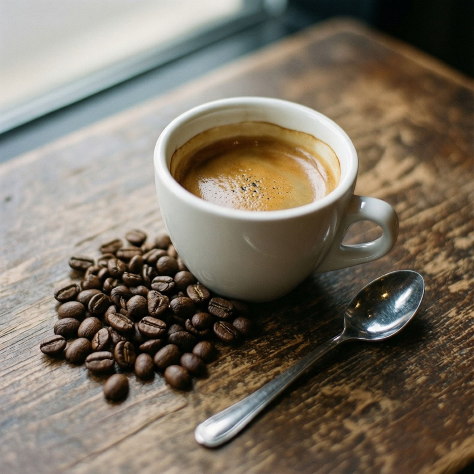 Et fugleperspektiv av espresso i en hvit kopp med kaffebønner og skje på et trebord.