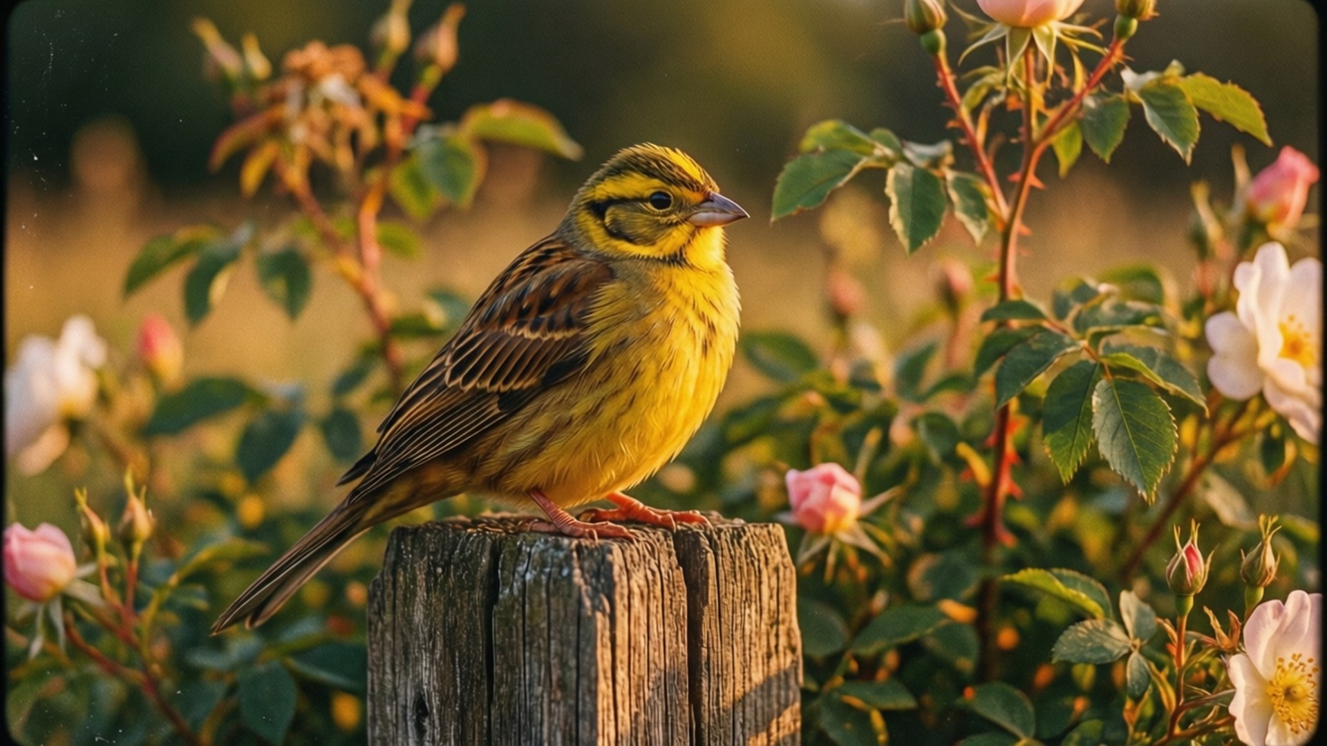 En gul fugl som sitter på en trestolpe blant blomstrende roser og grønne blader.